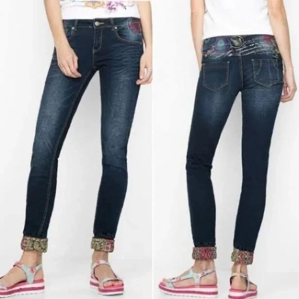 Desigual Jogger Jeans Women's Actual 29 Blue Skinny Floral Embroidered Bohemian‎
